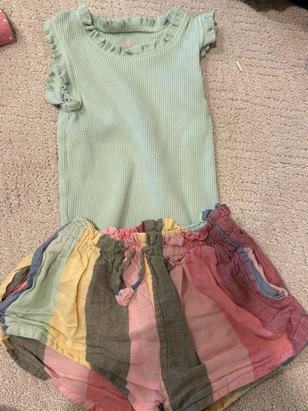 Pink Chicken Girls Green Ribbed Top with Multicolor Striped Shorts